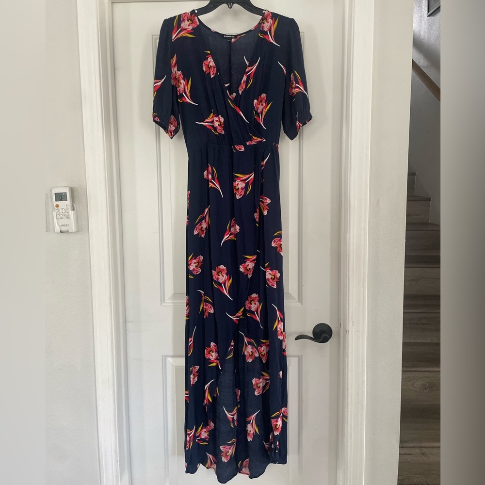 Express Blue and Pink Wrap Maxi Dress with Flutter Sleeves